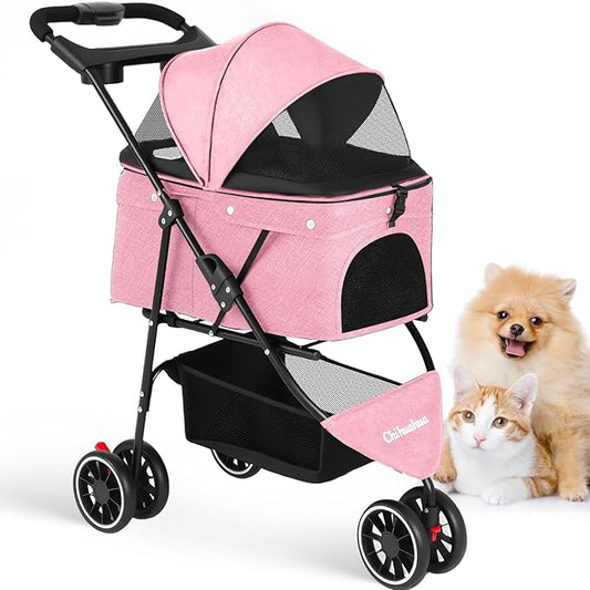 Pet Stroller,Dog Stroller for Small Medium Dogs Cats,3 Wheels,Foldable,with Breathable Mesh Canopy,Cup Holders,Easy Assembly,Pink