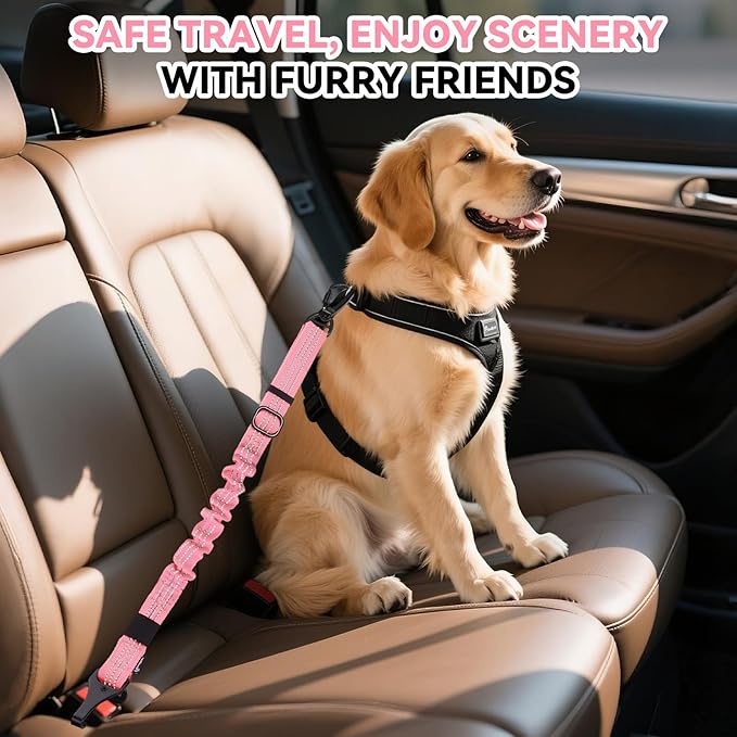 Pawaboo Dog Seatbelt for Car, 3-in-1 Dog Seat Belt Bungee, Shockproof Dogs Tether for Car with Buckle & Hook Latch, Adjustable Reflective Dogs Cars Harness Leash with 360° Lockable Buckle, Pink