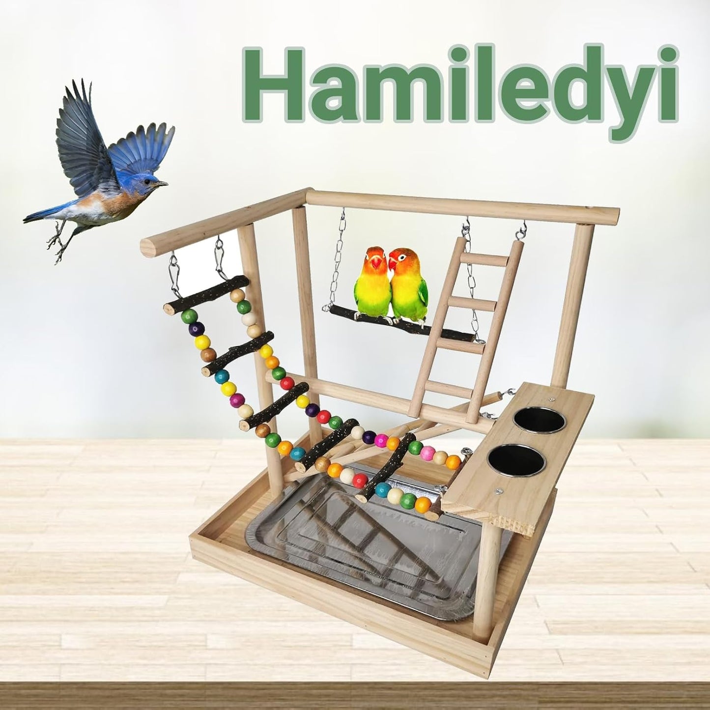 Hamiledyi Parrots Playground Bird Play Gym Wood Perch Stand Colours Climb Ladders Swing Chewing Toys with Parakeet Feeding Cups Exercise Activity Center for Conure Cockatiel Lovebirds(Include a Tray)