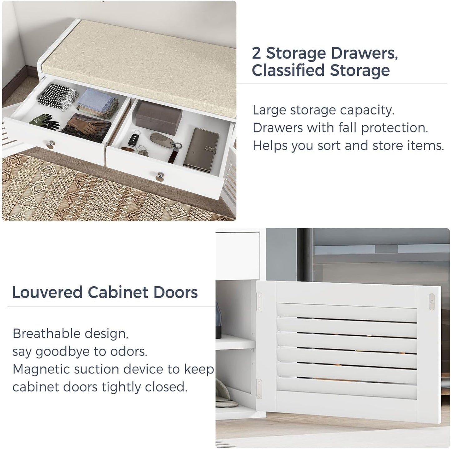 Shoe Storage Bench with 2 Drawers & 2 Doors, Entryway Bench with Cushion, 2 Adjustable Shelves, Shoe Cabinet for Entryway, Living Room, Hallway, Mudroom, Bedroom, White