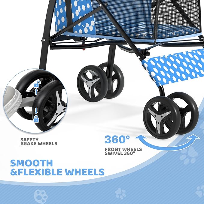 Magshion Compact Pet Stroller for Small-Medium Dogs/Cats up to 22lbs, 4-Wheel Lightweight Umbrella Shaped Portable Puppy Travel Jogger with Breathable Mesh & Rear Storage, Sky Blue Polka Dots