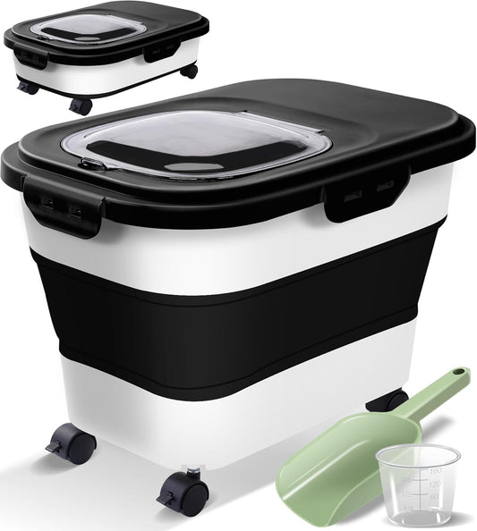 Collapsible Dog Food Storage Container with Lids, Airtight Rice Flour Cereal Sugar Cat Pet Bird Seed Containers Dispenser Bin Bucket with Rolling Wheel, 20 25 30 Lbs Plastic Sealable Kitchen Holder