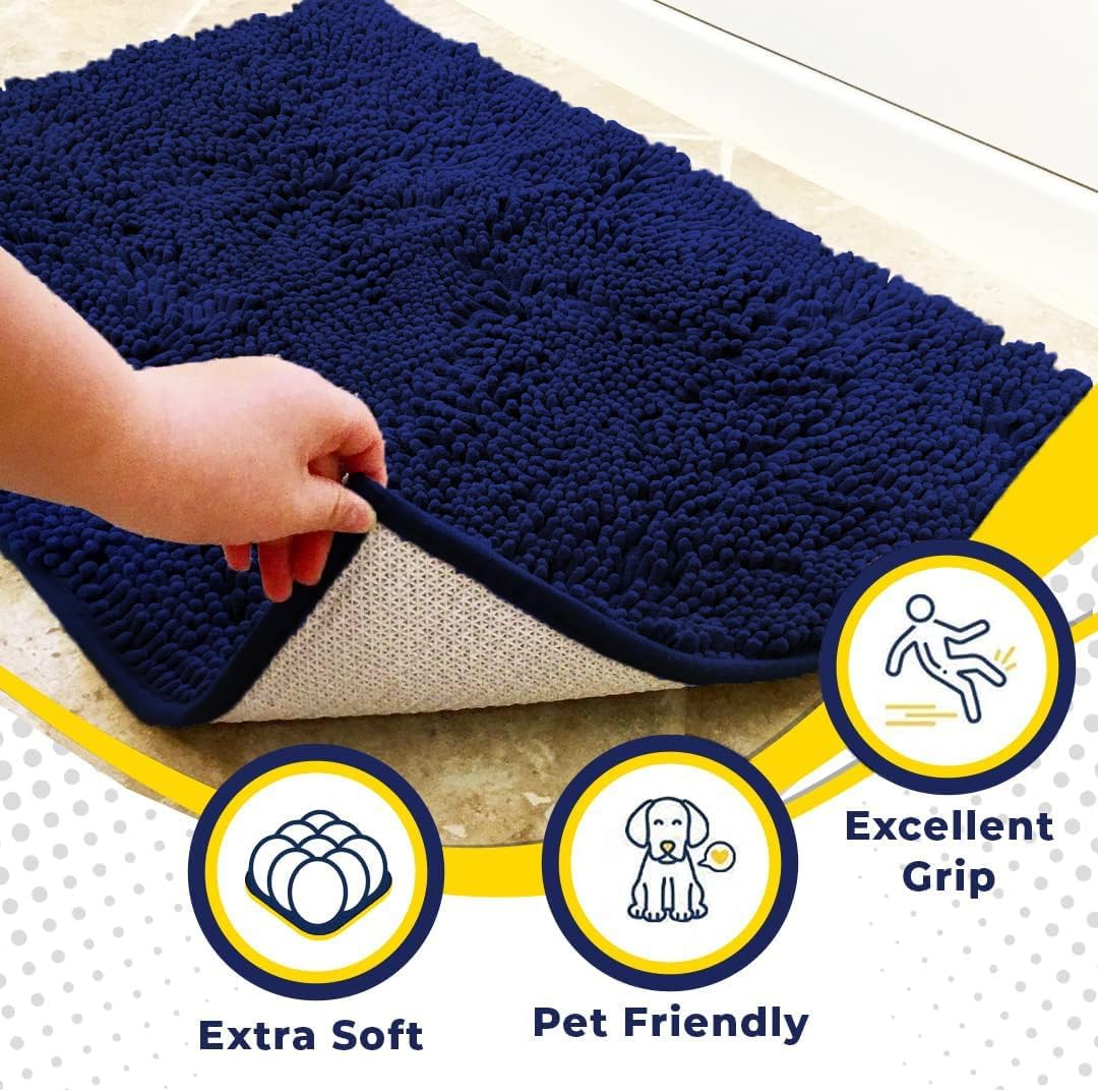 Muddy Mat® AS-SEEN-ON-TV Highly Absorbent Microfiber Dog Door Mat and Pet Rug, Non Slip Thick Washable Area and Bath Mat Soft Chenille for Kitchen Bathroom Bedroom and Indoor - Navy Blue XL 59"X35"