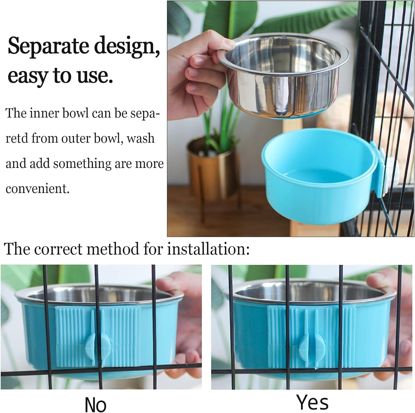 kathson Crate Dog Bowl, Removable Stainless Steel Hanging Pet Cage Bowl Food & Water Feeder Coop Cup for Cat, Puppy, Birds, Rats, Guinea Pigs 4pcs(2×Blue,1×Pink,1×Green)