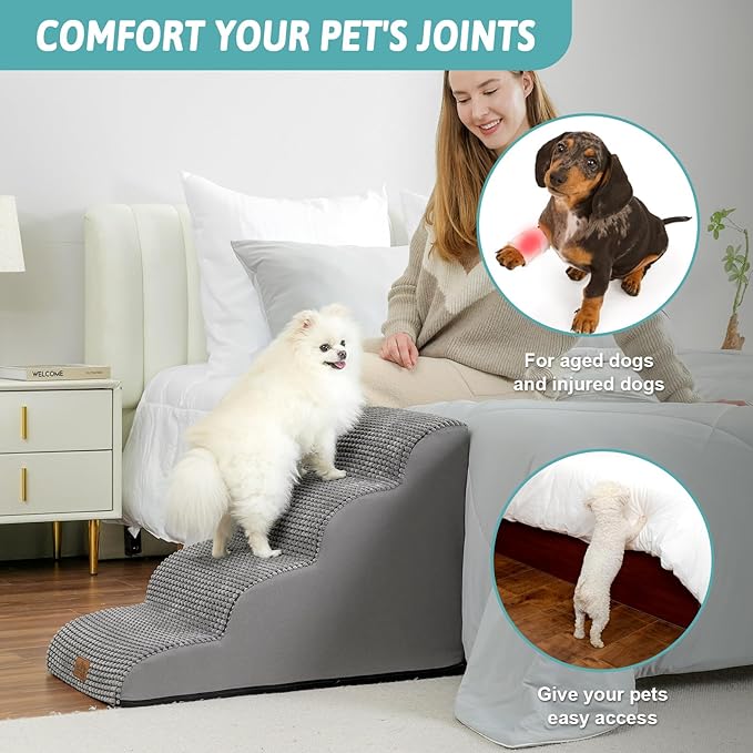 Dog Stairs for Small Dogs 19.7" H, Curved Dog Step for Puppy, Older or Cat, Medium Pet Ramp for Sofa, Couch or Bed, Ladder with High Density Foam, 15.7x28.3x19.7 inch, 4 Step, Light Grey
