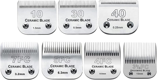 7Pack 10 Blades Dog Grooming Replacement Blades Compatible with Andis Pet Clipper/Oster A5/Wahl KM Series Dog Clipper,Ceramic Blade & Stainless Steel Blade (#10+30+40+3FC+4FC+5FC+7FC)