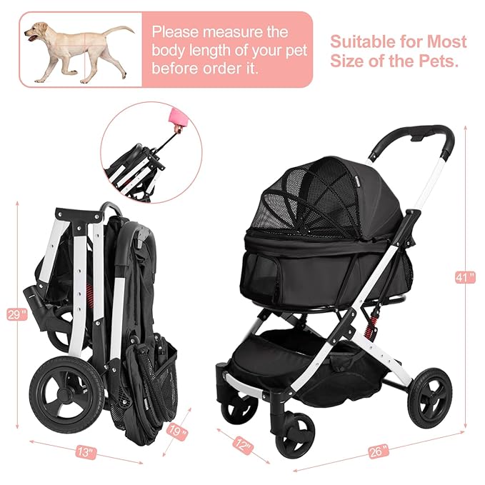 Pet Stroller for Medium Small Dog & Cat, Foldable Lightweight Dog Stroller with Storage Basket Pet Travel Carriage with Safety Leashes, 4 Wheel, Black