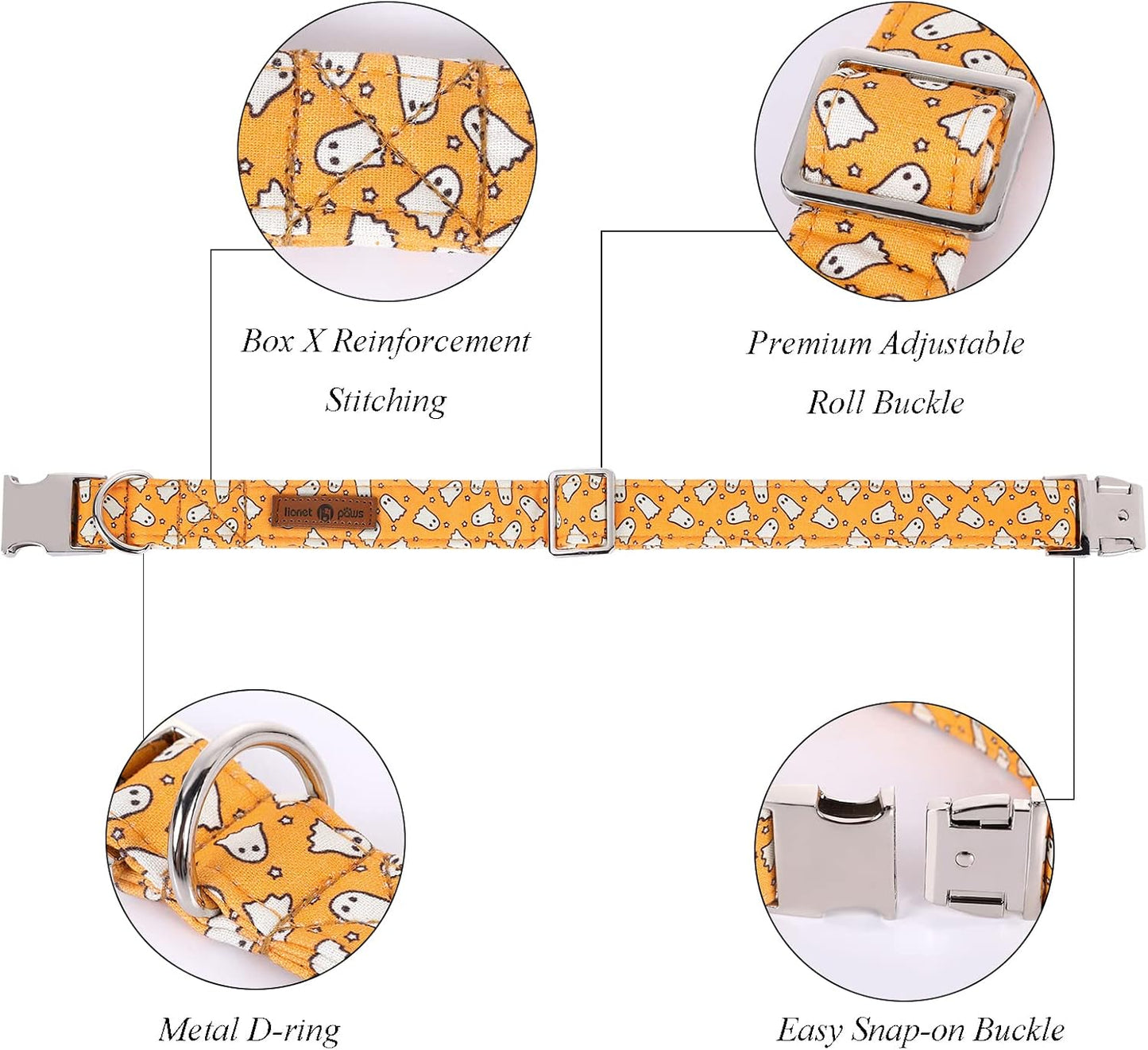 Lionet Paws Halloween Dog Collar with Bowtie - Cute Cotton Adjustable Fall Bowtie Dog Collar with Metal Buckle for Small Medium Large Dog Girl Boy Gift, M, Neck 13.5-22in