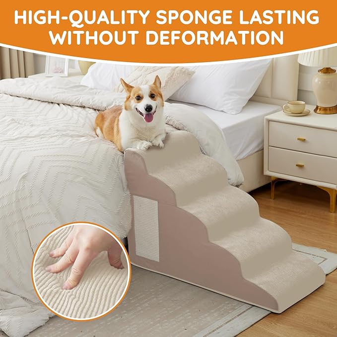 Pet Stairs for Small Dogs - 3-Step Curved Dog Ramp for Bed, Couch, Sofa, Car and Chairs - Non-Slip Bottom Design - Cat Scratching Board - High Density Foam Portable Pet Step - Beige