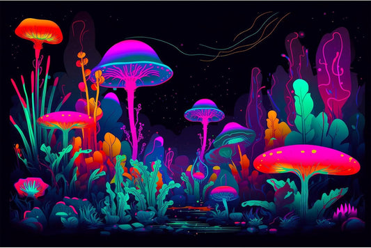 Mushrooms Aquarium Background Mushrooms in Dark Forest with Bright Colors Terrarium Background Tranquil Lake Cartoon Style Aquatic Plants Fish Tank Backdrop Poster Decorations Wallpaper Decor 72x24in