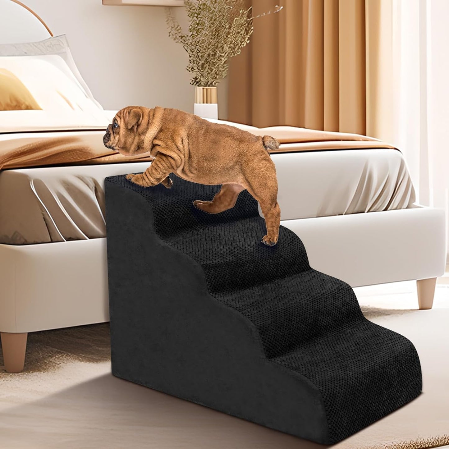 Dog Stairs for Small Dogs - High Density Foam Pet Steps, Extra Wide Dog Ramp with Non-Slip Bottom for High Beds, Couch and Sofa, Best for Dogs Injured, Older Doggy Cats, 4 Steps, Black