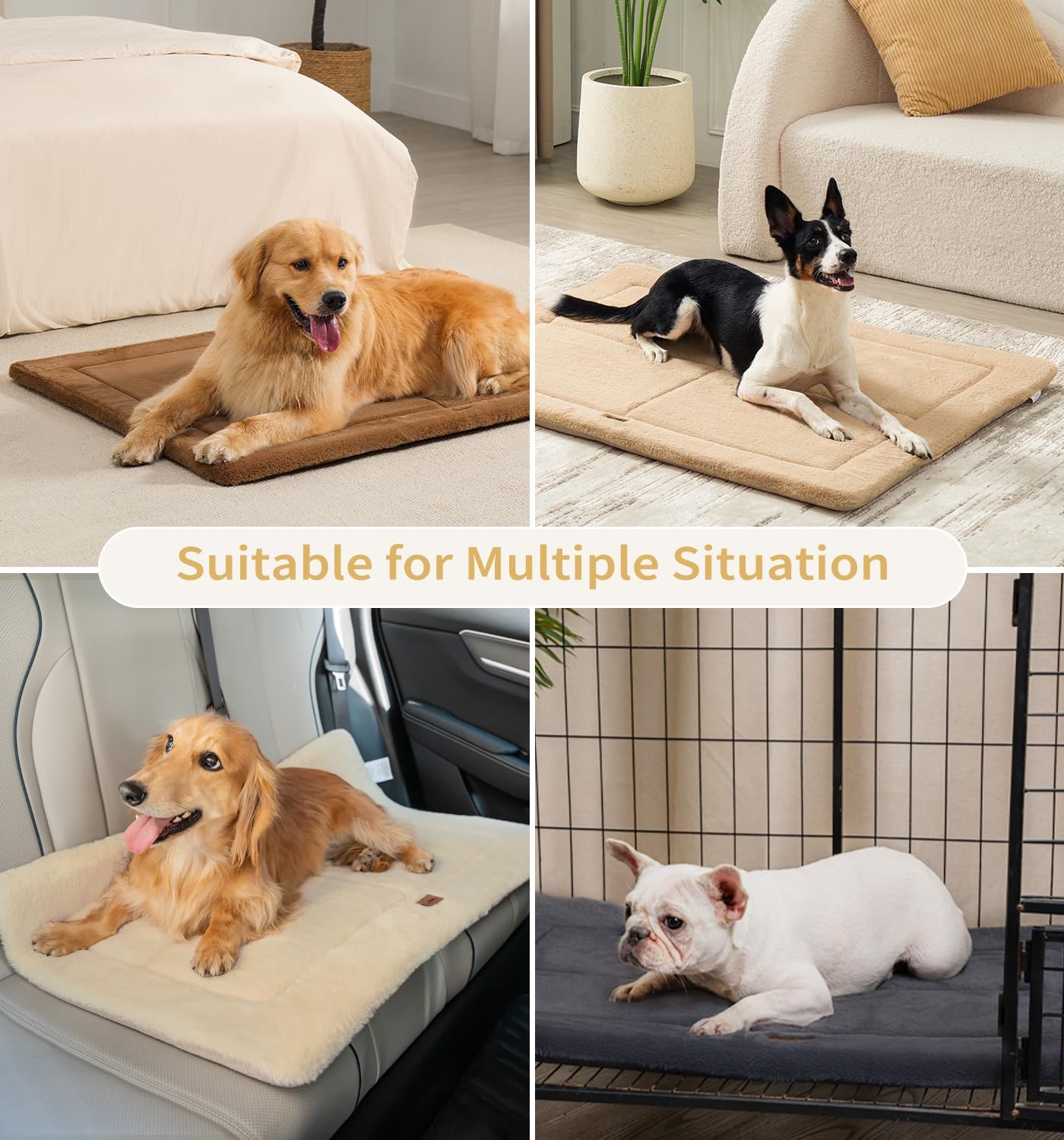 MADE 4 PETS Dog Crate Pad Bed for Medium Large Dogs, Washable & Reversible, Anti-Slip Kennel Mat for Cozy Sleeping, Soft Fluffy Dog Bed for Indoor & Outdoor Use, 35"x23", Beige