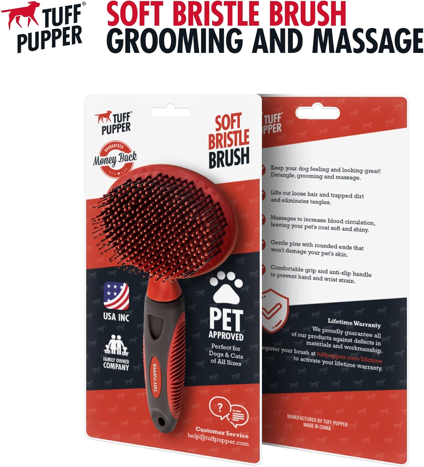 Tuff Pupper Round Bristle Soft Brush for Dogs and Cats | Gentle Grooming for Short or Long Hair | Soft Pin Tool for Sensitive Skin | Detangle & Remove Loose Fur | For Dematting & Detangling Undercoat