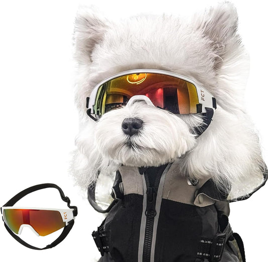 Dog Goggles for Small to Medium Breed, Dog Sunglasses UV Protection, Windproof & Anti-Fog, Puppy Sunglasses with Padded Frame and Adjustable Straps for Outdoor Riding, Driving（White）