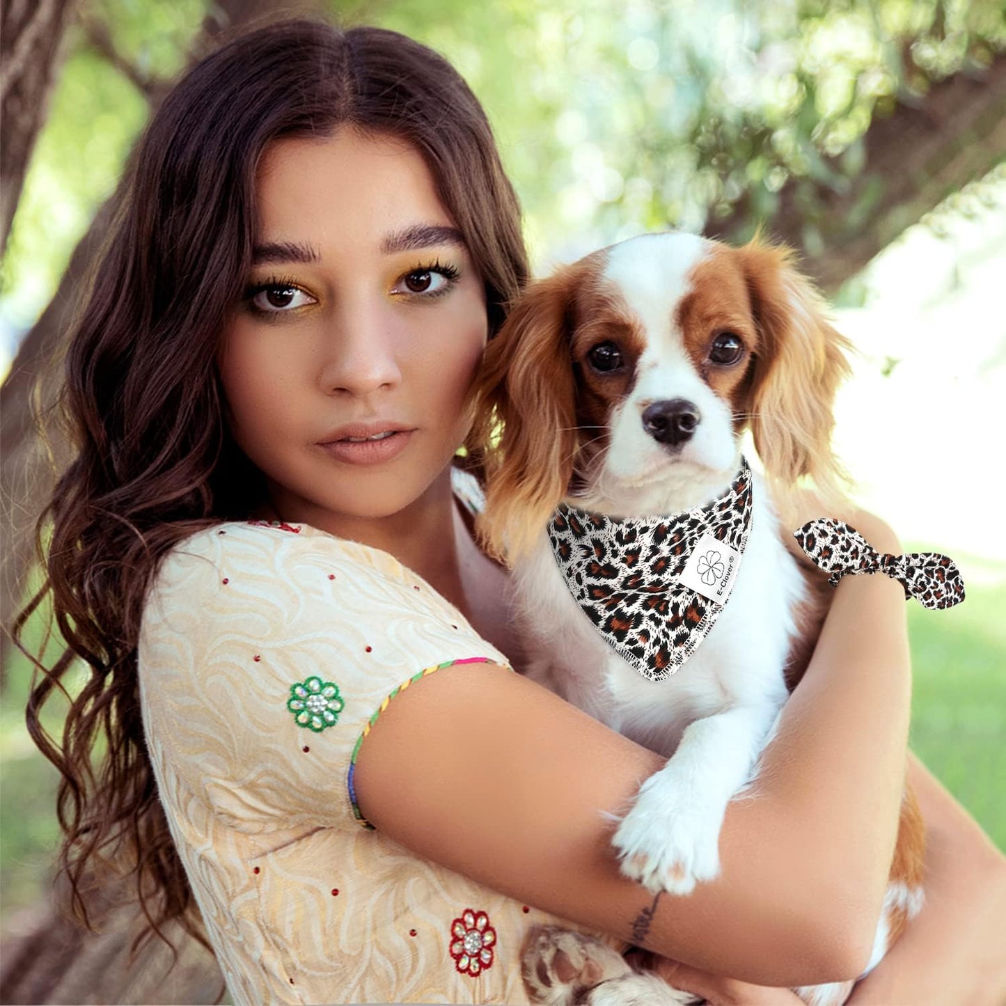 E-Clover Dog Bandanas & Matching Scrunchie Set Leopard Dog Bandana Bibs Washable Kerchief Scarf for Puppy Small Dogs & Owner