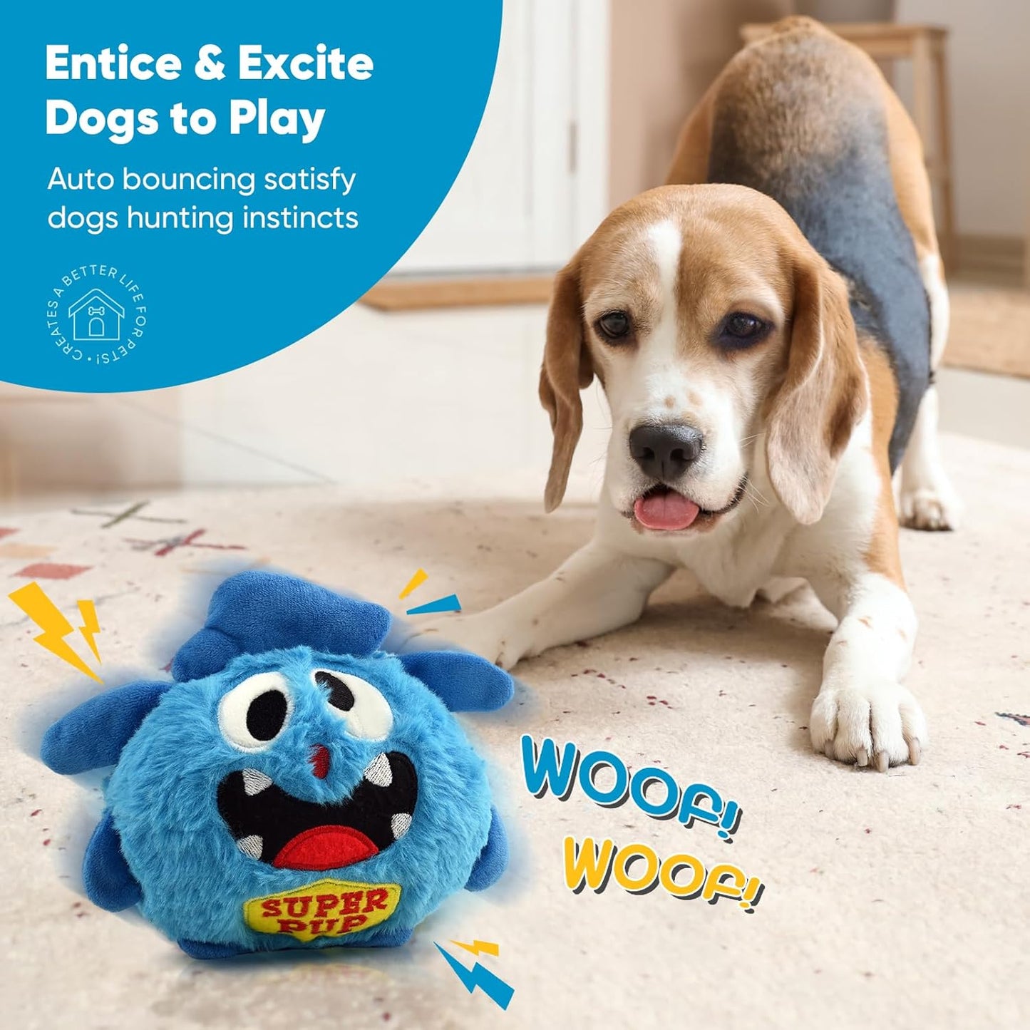 Petbobi Interactive Dog Toys for Boredom - Moving Dog Toy for Stimulating Play, Pet Plush Squeaky Ball for Small Medium Breeds with 4 Batteries, Blue