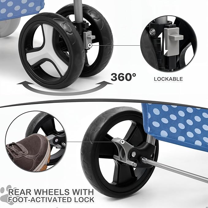 MoNiBloom 3 Wheels Pet Dog Cat Stroller for Small Medium Dogs Cats, Foldable Jogger Stroller w/Storage Basket and Cup Holder, Sky Blue Polka Dots