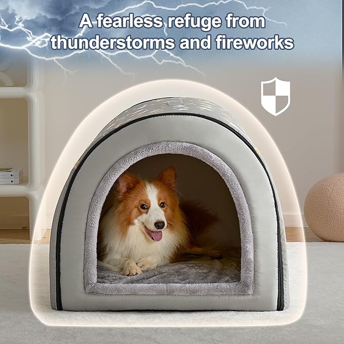 Jiupety 2 in 1 Dog House Indoor, Comfy Cave Bed Covered Dog Bed, Portable House for Medium and Large Dogs, 2XL(35"×27"×26"), Up to 70 Lb, Grey