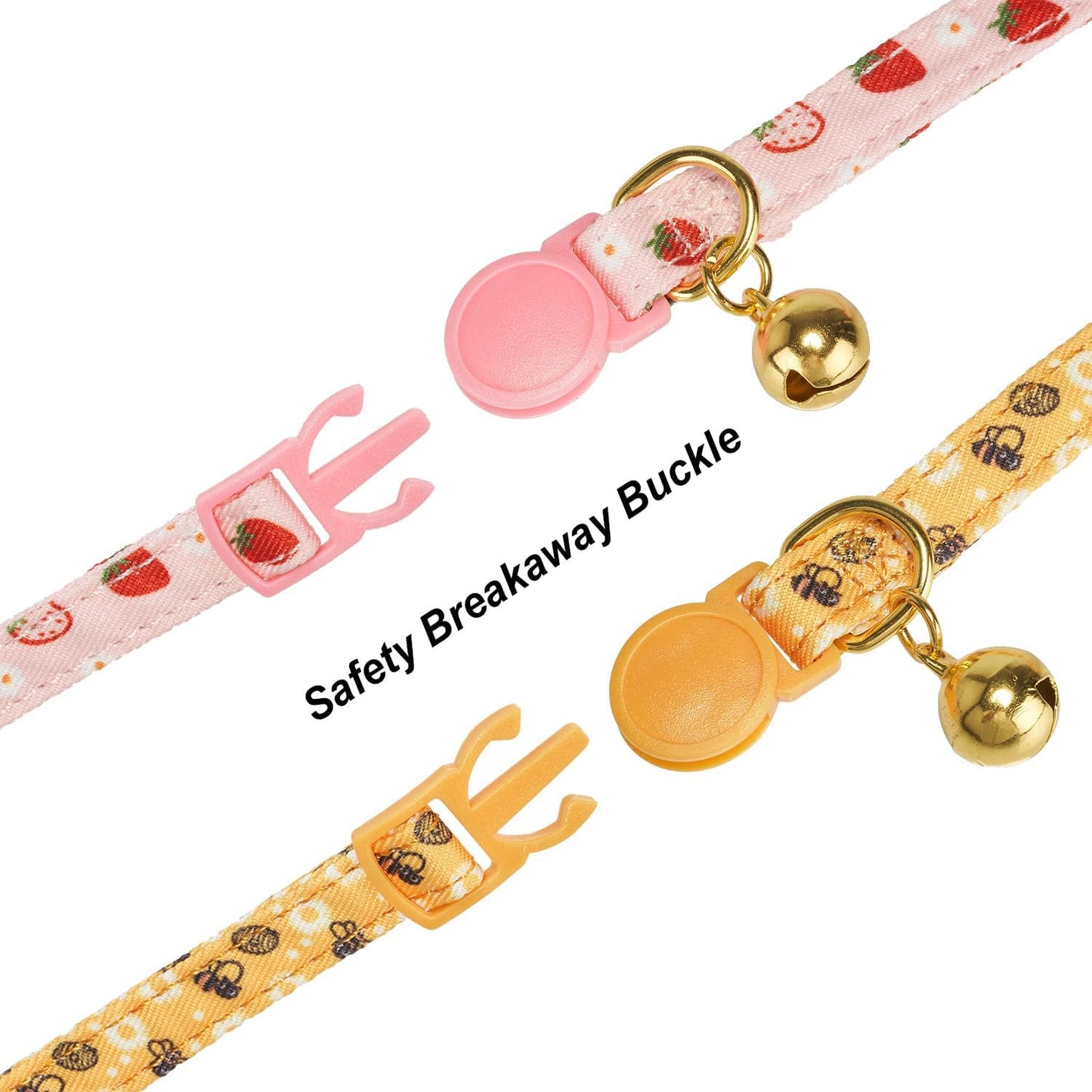 2 Pack Breakaway Cat Collars with Cute Bunny Ear Bowtie and Bell, Bow Tie Kitty Collars for Female Girl Cats(Yellow Bee & Pink Strawberry)