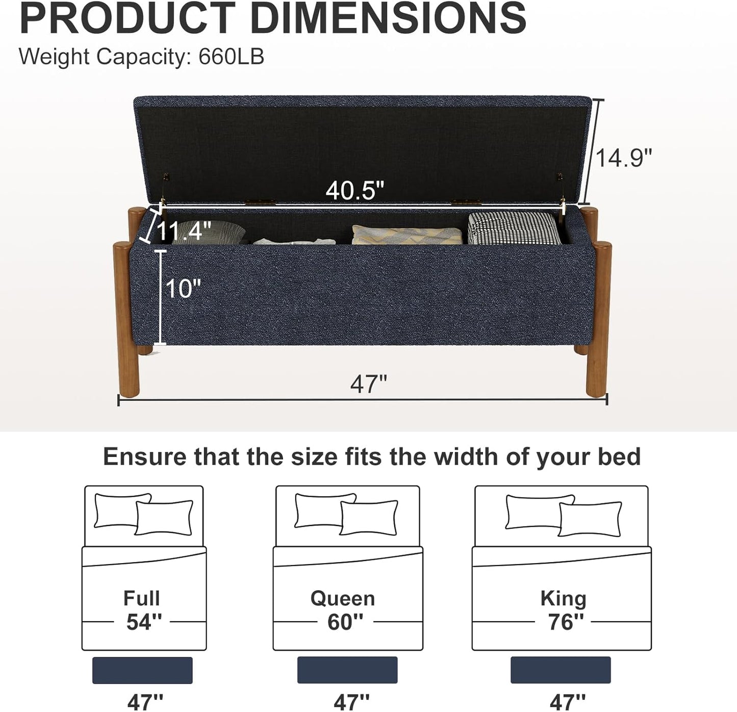 Storage Ottoman Bench, End of Bed Bench for Bedroom, 47" Boucle Upholstered Entryway Shoe Seat Bench, Holds up to 660 lb Storage Ottoman, Padded Blanket Chest Stool Foot Rest for Living Room Blue