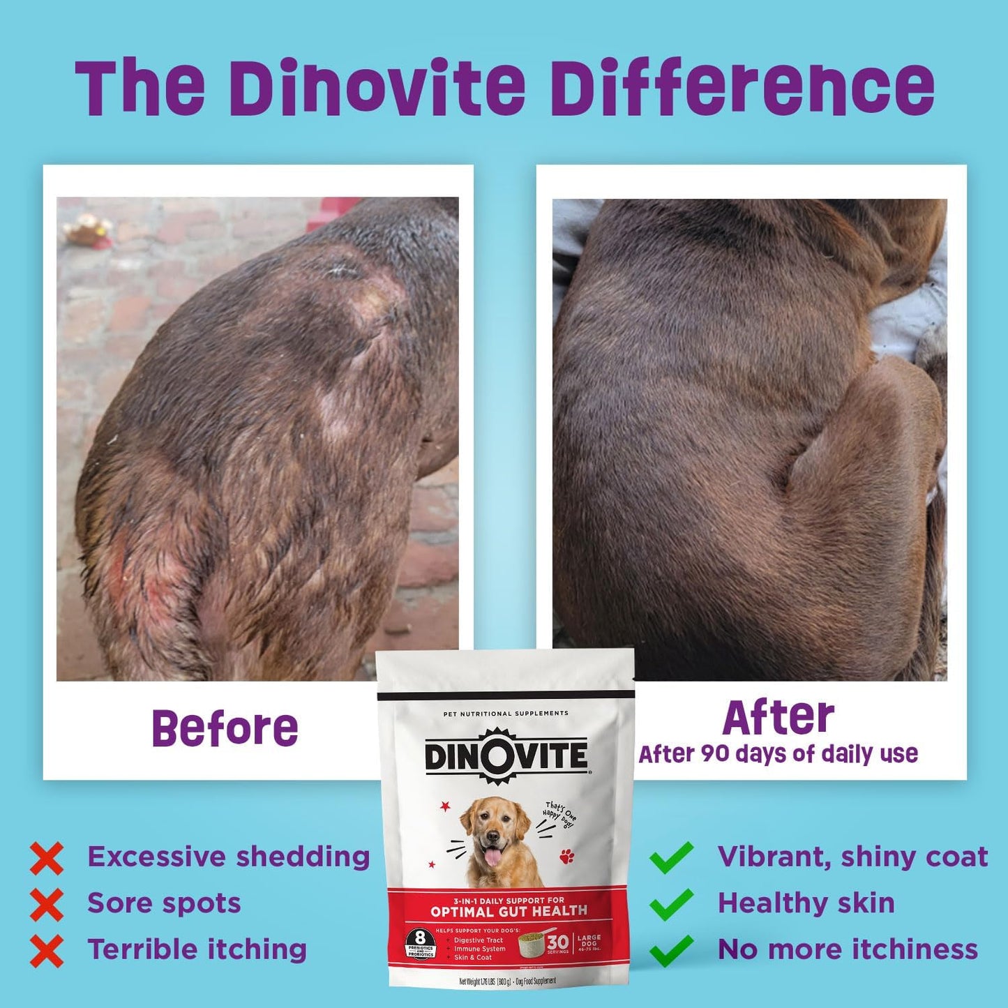 Dinovite 3 in 1 Probiotic for Small Dogs, Skin & Coat, Digestive Health & Joint Relief, Dog Food Toppers, Immune Support, Allergy Relief & Itch Relief Skin Care, 30 Servings (1-18lb)