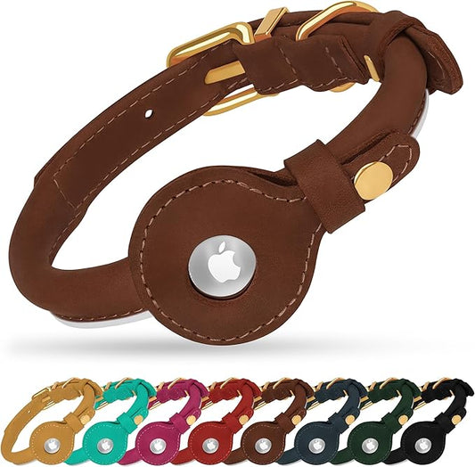 OOPSDOGGY Rolled Leather Dog Collar with Airtag Holder - Reflective Round Airtag Dog Collar - Soft Tracking Pet Collar for Small Dogs Puppy Cats Kitten (Brown, M, 12"-15")