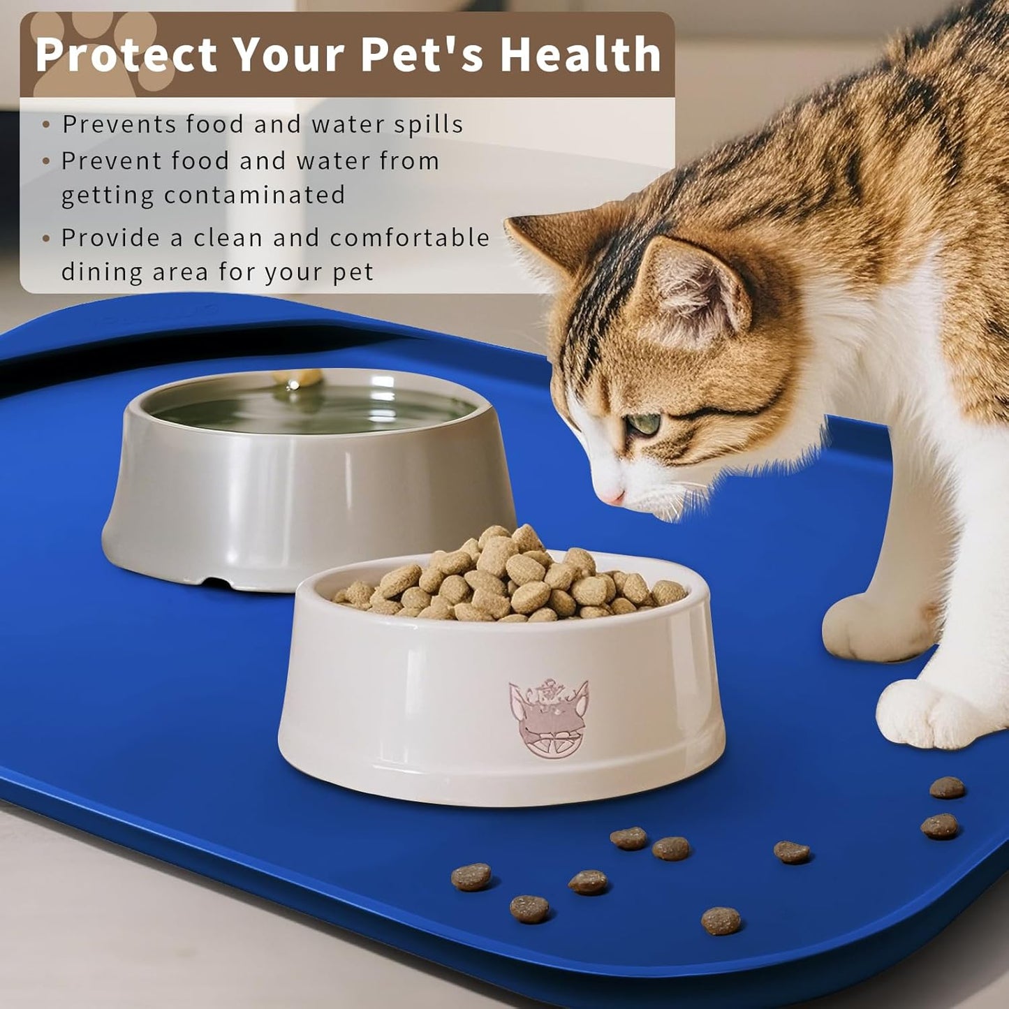 Silicone Pet Feeding Mat with Raised Edge & Residue Collection Pocket for Food and Water, Dog Bowl Mats, Cat Bowls Placemat with High Lip for Floor Waterproof, 22 x 14 x 0.8 Navy Blue
