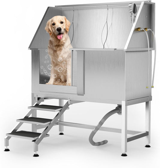 50" Stainless Steel Professional Dog Washing Station - Pet Bathing Tub w/Non-Slip Stairs | Slip-Resistant Floor Grate | for Large/Medium/Small Dogs