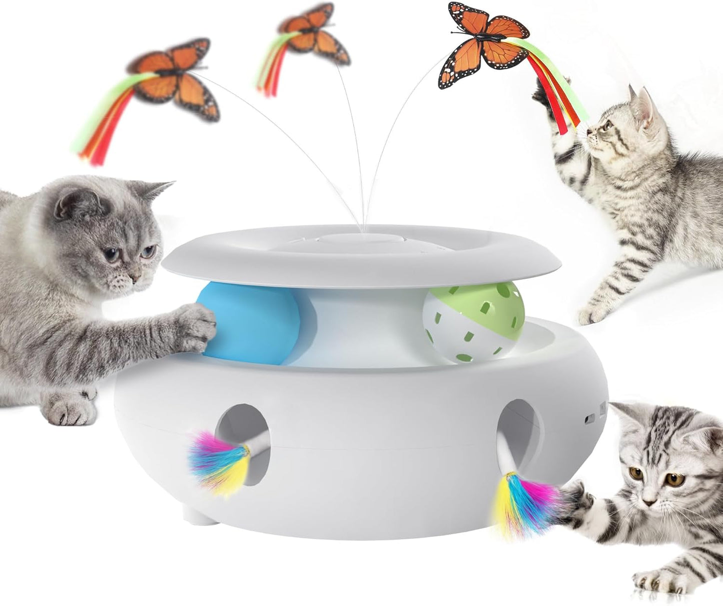 Cat Toys,3-in-1 Interactive Cat Toys for Indoor Cats,Rechargeable Automatic Interactive Cat Toy with Fluttering Butterfly,Smart Sensor 6 Holes Mice Whack-A-Mole and Track Balls, White