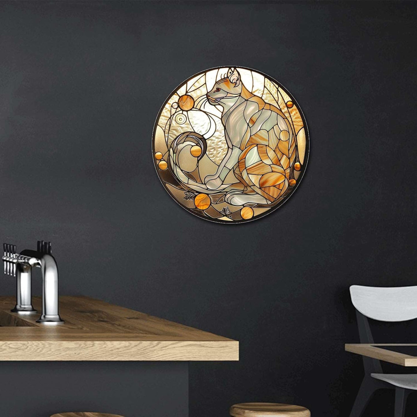 Lygond Metal Cat Toilet Decor - Circular Stained Glass Tin Sign for Club 88 Inches