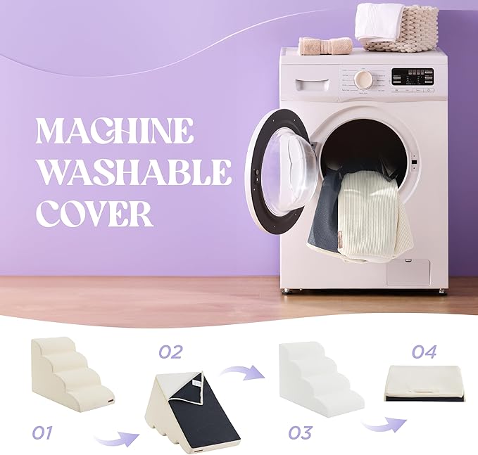 Lesure Dog Stairs for Small Dogs and Cats Pet Steps Ramp for Bed and Couch with CertiPUR-US Certified Foam with Non-Slip Bottom, Beige, 3 Steps