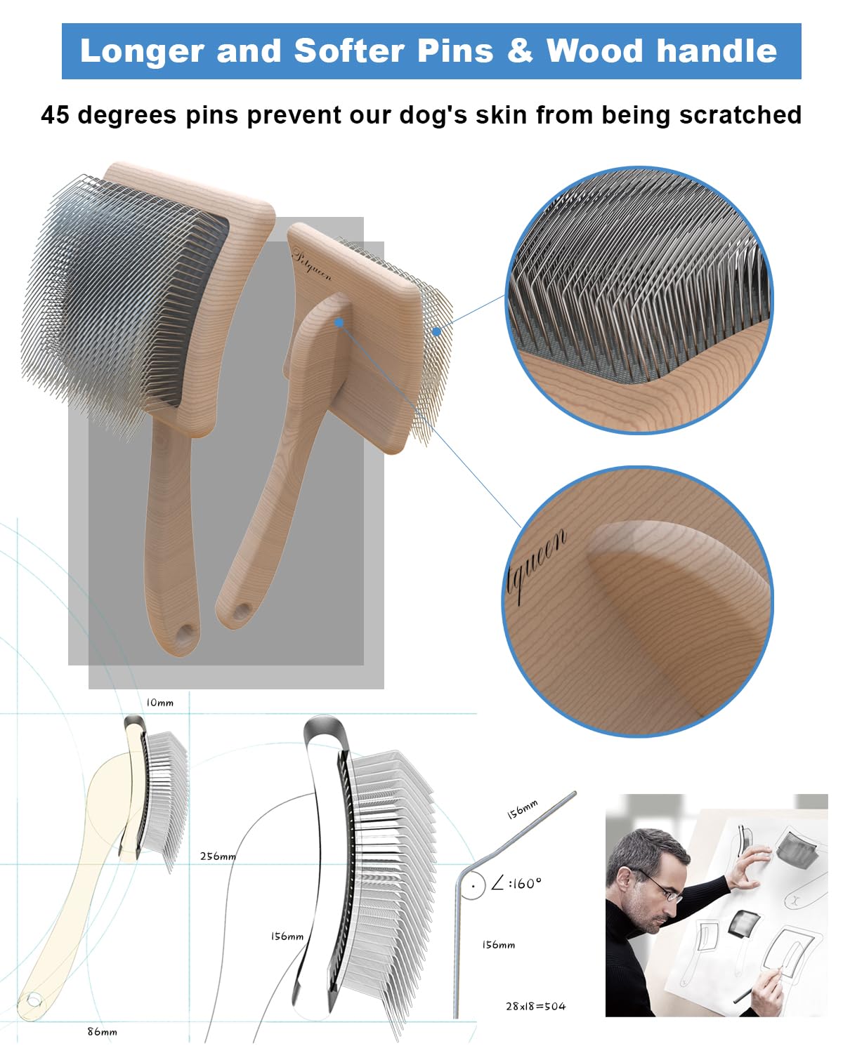 Dog Slicker Brush for Large Dogs, Professional Doodles Brush for Poodles, Goldendoodles and Labradoodles - Easy to Remove Tangles, Mats and Fluff - 3.8"x3.2" Head, 8" Wood Body