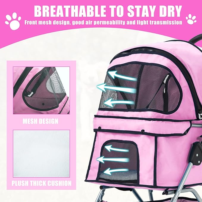 Dog Stroller, Folding 4 Wheels Pet Stroller for Small Medium Dog Cat Travel Carrier with Weather Cover Storage Basket Cup Holders Pink