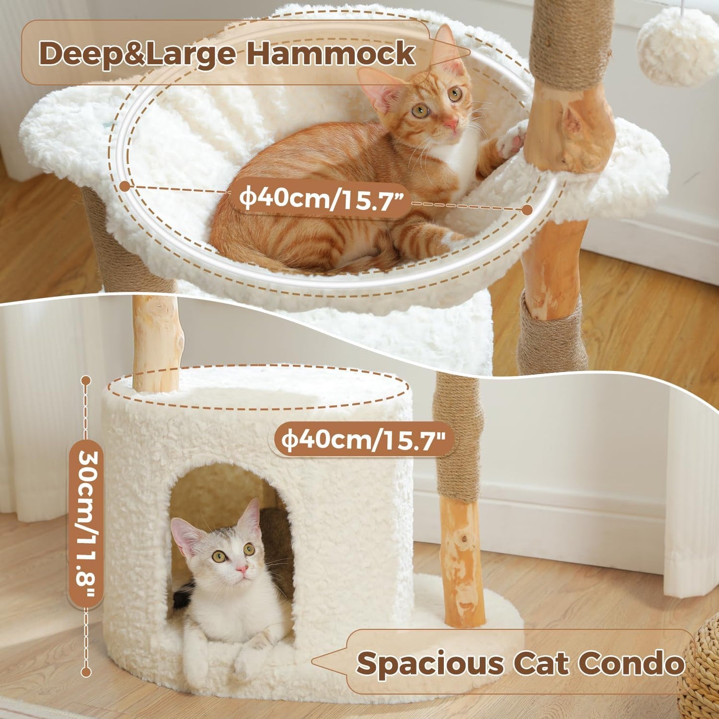 PAWZ Road Modern Cat Tree with Natural Solid Wood Scratching Post, 40 Inches Cat Tower with Spacious Wicker Basket,Large Hammock,Luxury Condo for Indoor Cats