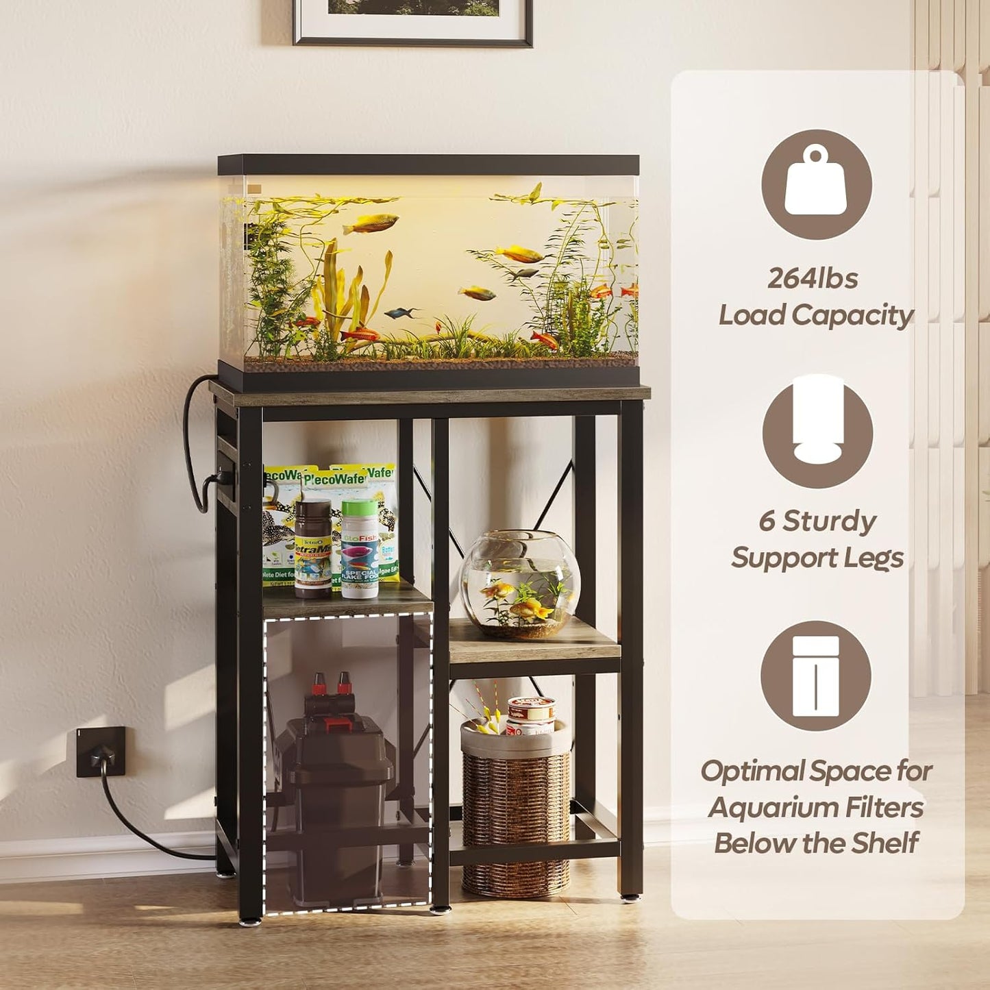 10 Gallon Fish Tank Stand with Power Outlets, 20 x10 Metal Aquarium Stand with 3-Tiers Adjustable Storage Shelves, 6-Legs Reptile Terrarium Stand, 264 LBs