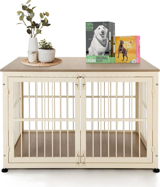 32 Inch Heavy Duty Dog Crate Furniture for Medium and Small Dogs, Decorative Pet House End Table, Wooden Cage Kennel Furniture Indoor with Double Doors, Sturdy Dog Cage for Anxiety Dog