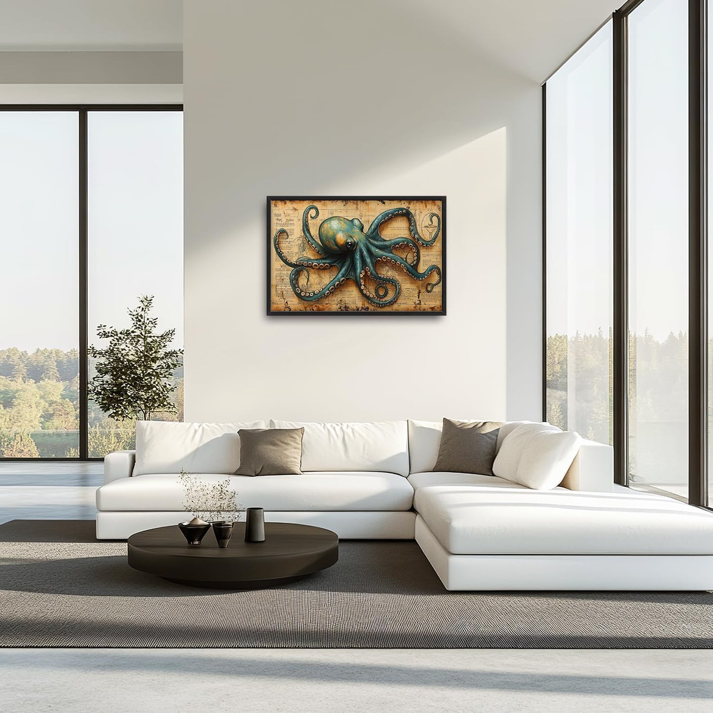 Large Octopus Nautical Wall Art for Living Room, Vintage Ocean Canvas Oversized Wall Decor, Rustic Sea Animal Framed Pictures Painting Print Artwork for Bedroom Office 36"L x 24"W