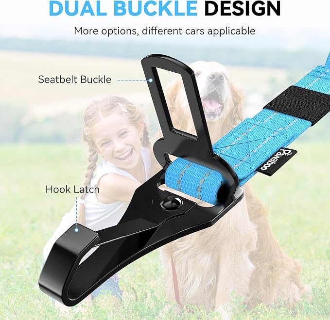 Pawaboo 2Pack Dog Seatbelt for Car, 3-in-1 Dog Seat Belt Bungee, Shockproof Dog Tether for Car with Buckle & Hook Latch, Adjustable Reflective Dog Car Harness Leash with 360° Lockable Buckle, Blue
