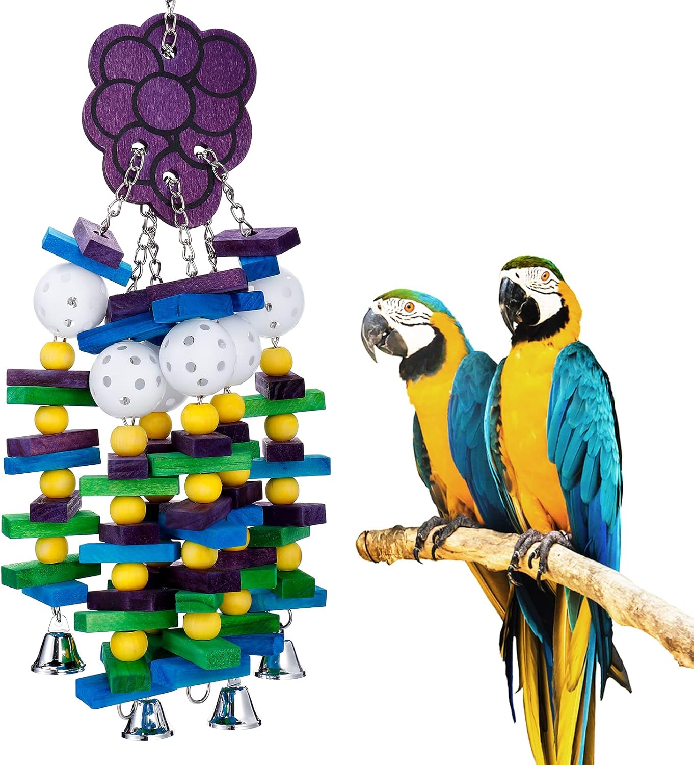 Large Bird Parrot Toys with Bells- Parrots Cage Chewing Toy Gift with Colorful Wood Blocks Beads- Bird Parrot Chewing Sticks Toys for Cockatoos African Grey Macaws and Amazon Parrots(Grape Style)