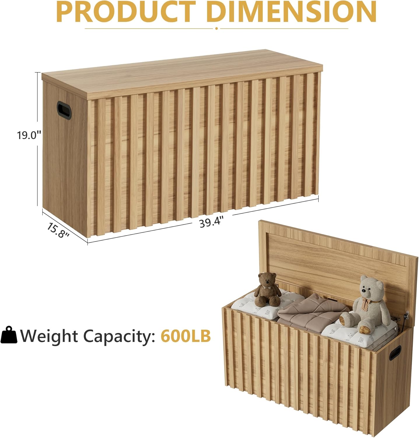 UEV Storage Bench Set of 2, 39.4" Wood Box, Storage Trunk with 2 Safety Hinges, Ottoman Storage Chest Set of 2, Fluted Storage Bench for Bedroom, Shoe Bench for Bedroom, Living Room (Natural Wood)