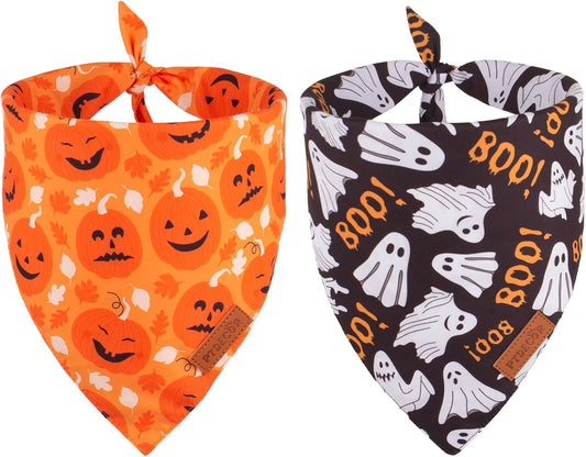 PTDECOR Halloween Dog Bandana, Reversible Holiday Pet Scarf, Multi Size, Triangle Puppy Halloween Bandanas for Medium Large Dogs Pets (Black & Orange, Large)