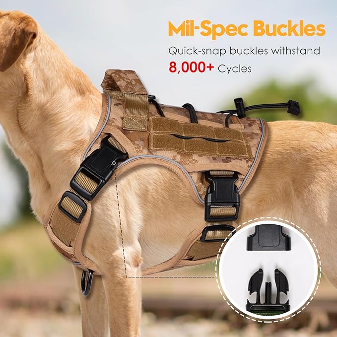 Heavy-Duty Tactical Dog Harness for Large Dogs, No Pull Adjustable Reflective Pet Vest with Molle System, K9 Military-Grade Control for Service Training, Outdoor & 10+ Breeds, Khaki Camo, Medium