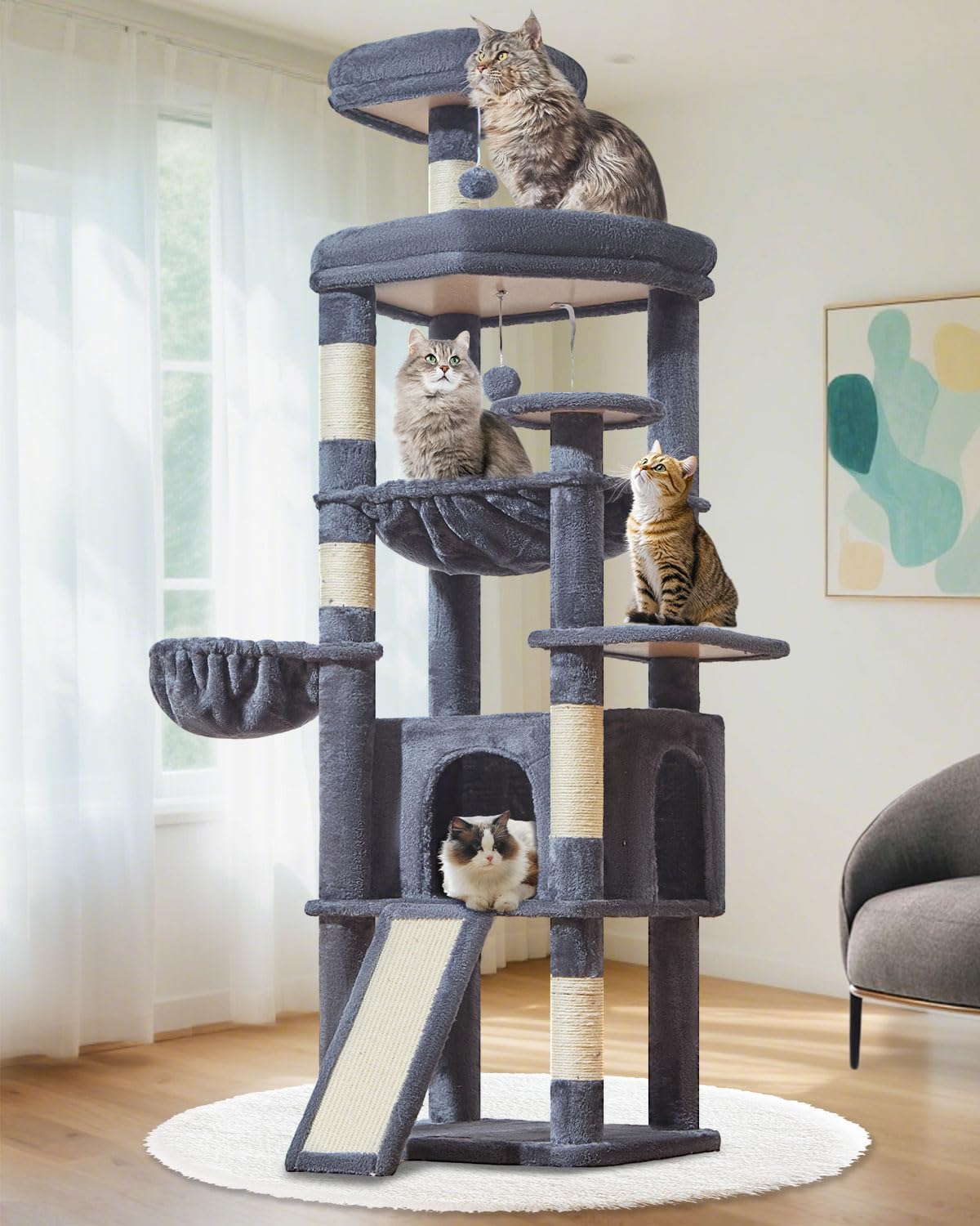 Taoqimiao 72 Inches Cat Tree for Large Cats, Multi-Level Tall Cat Tower, Widened Cat Condo with Large Scratch Board, 5 Scratching Posts, Metal Hammcock, Cozy Basket, Smoky Gray, MS045G