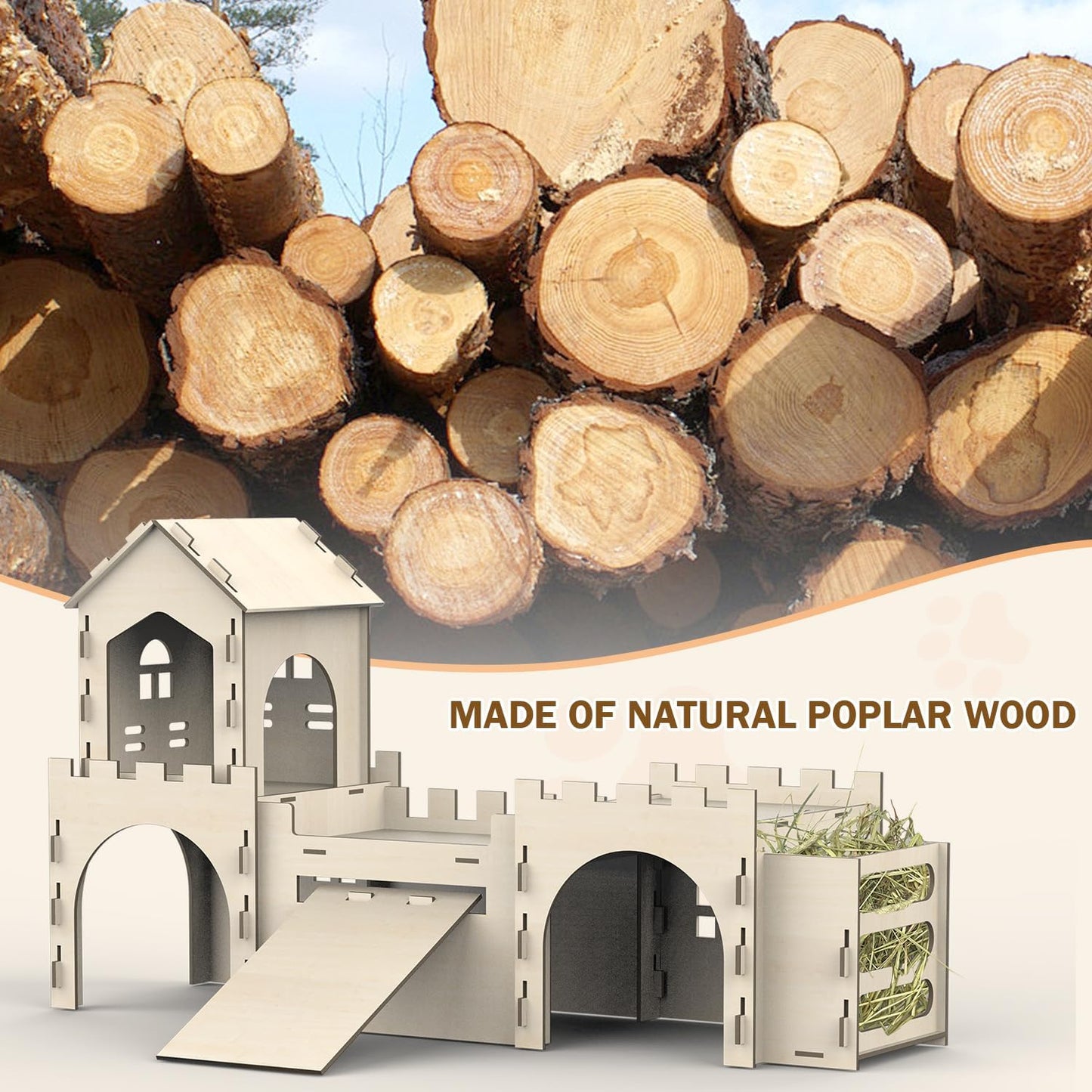 Large Bunny House and Hideouts, Wooden Dual-Layer Rabbit Castle with Stair, Rubber Band-Free Setup - chew-Proof, Sturdy Habitat for Guinea Pig Chinchilla Ferret (Rabbit House with Hay Feeder)