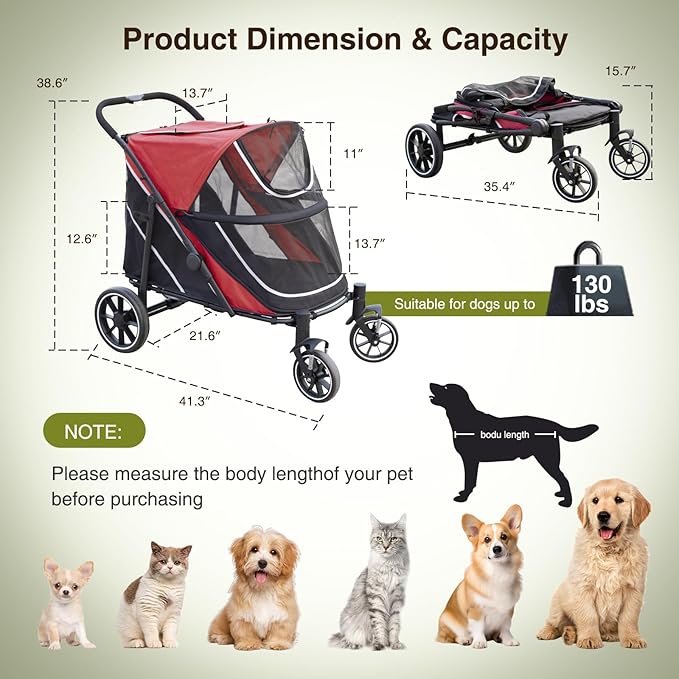 Dog Stroller for Medium/Large Dogs One-Click Folding, Extra Large Pet Stroller for 2 Dogs with Storage Pocket & Shock Absorption, Up to 130 lbs, Red