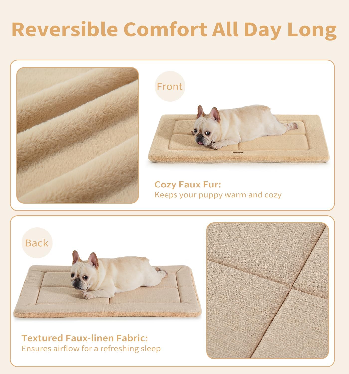 Made4Pets Dog Crate Pad Bed for Large Dogs, Washable & Reversible, Anti-Slip Kennel Mat for Cozy Sleeping, Soft Fluffy Dog Bed for Indoor & Outdoor Use, 41"x29", Khaki