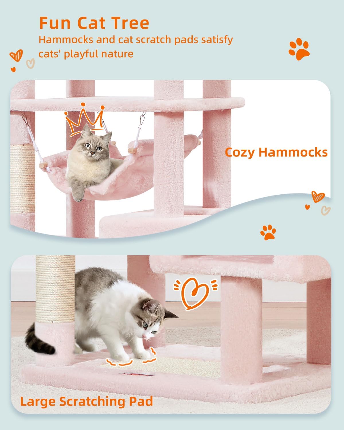 Taoqimiao Cat Tree, 68-Inch Cat Tree Cat Tower for Indoor Cats, Plush Multi-Level Cat Condo with 6 Scratching Posts, 2 Perches, 2 Caves,Hammock, 3 Pompoms,MS020SP Jelly Pink