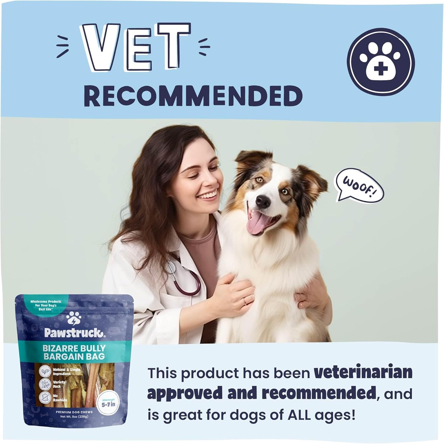 Pawstruck Natural Bizarre Bully Sticks Bargain Bag for Dogs and Puppies – Variety Pack of 5–7" Long-Lasting, Eco-Conscious Beef Chew Treats – 8 oz Bag – Packaging May Vary