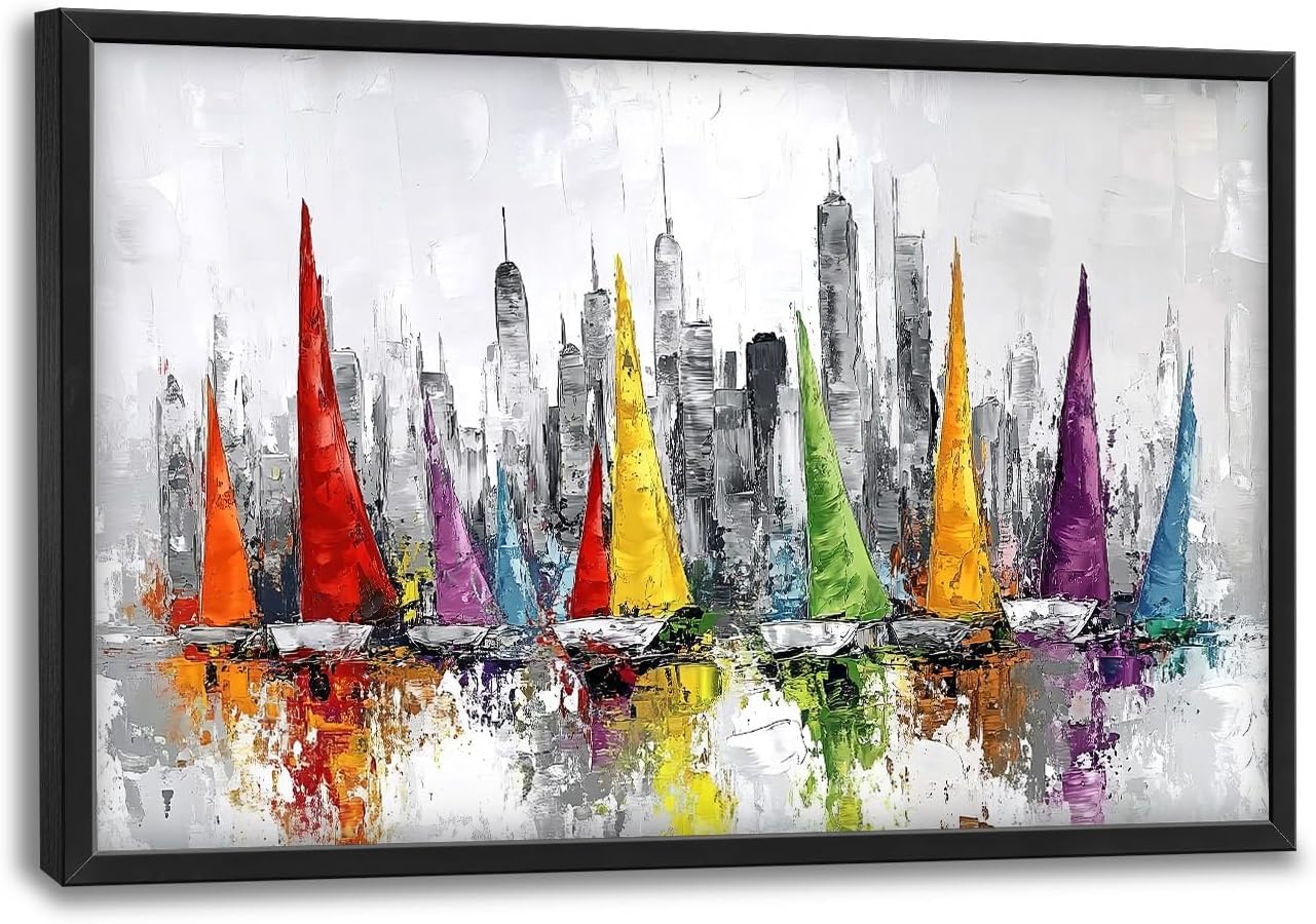 Framed Large Sailboat Wall Art for Living Room, Oversized Abstract City Wall Decor Colorful Sailboat Canvas Painting Pictures Modern Artwork for Living Room Bedroom Office Dinging Room 36"x24"