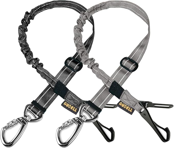 AUBELL Dog Seat Belt for Car,2 Pack Set 3-in-1 Adjustable Reflective Bungee Heavy Duty Dog Car Harness Tether with Clip Hook Latch & Buckle,Swivel Zinc Alloy Carabiner,Black+Grey